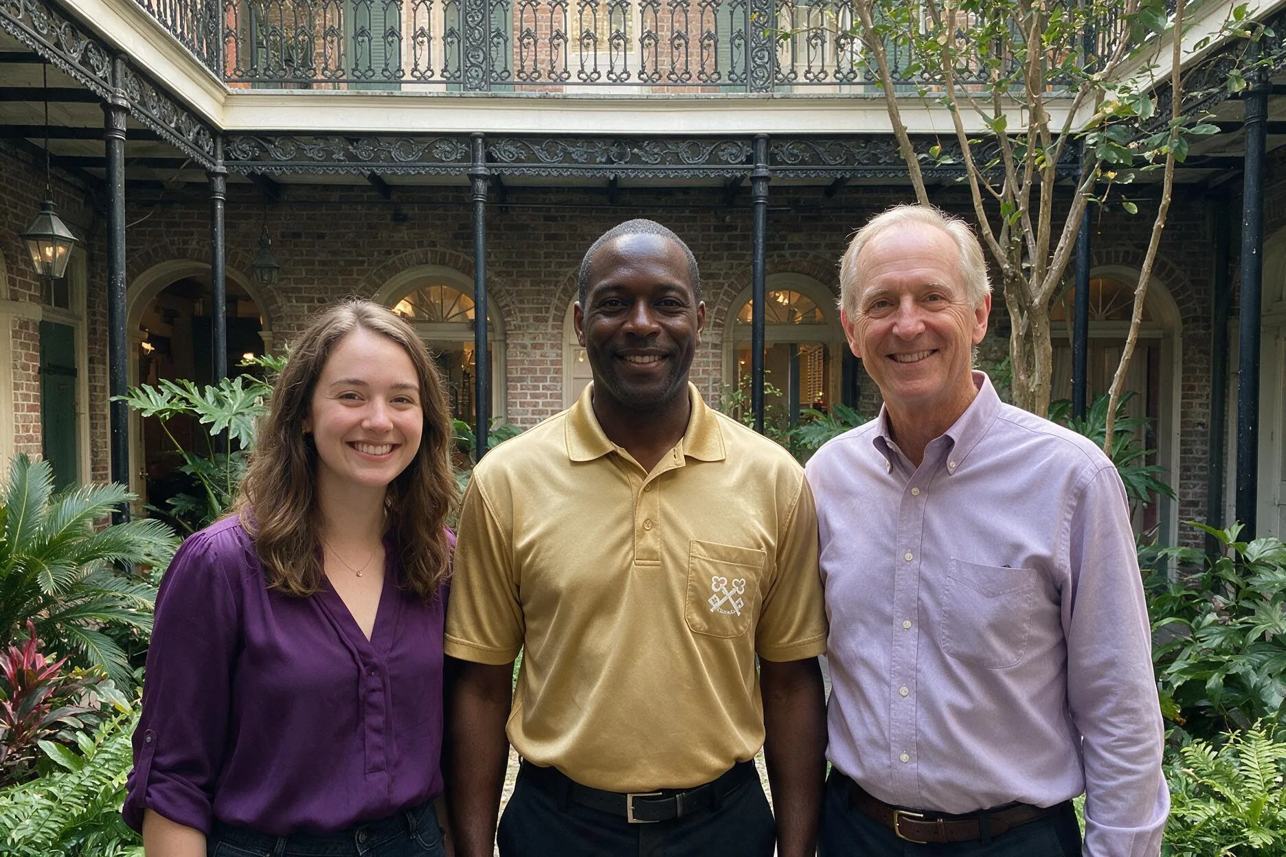 Three New Orleans Virtual Concierge team members in a French Quarter courtyard
